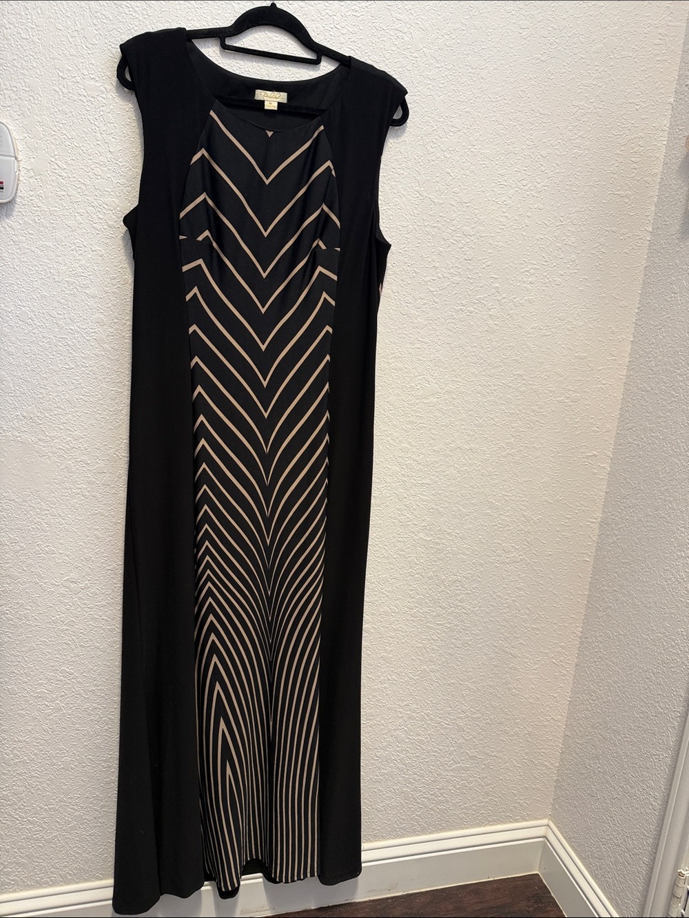 Sleeveless Black Maxi Dress with Beige Chevron Center Panel